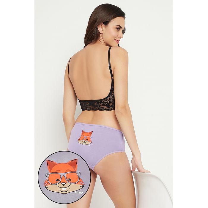 

Clovia Mid Waist Fox Emoji Print Hipster Panty in Lavender - Cotton - PN3310D12