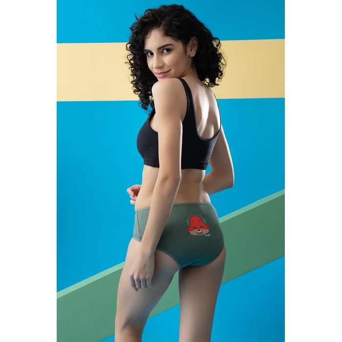 

Clovia Mid Waist Fox Emoji Print Hipster Panty in Olive Green - Cotton - PN3310D17, Dark green