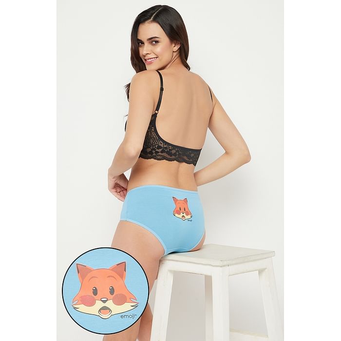 

Clovia Mid Waist Fox Emoji Print Hipster Panty in Sky Blue - Cotton - PN3310F03, Light blue