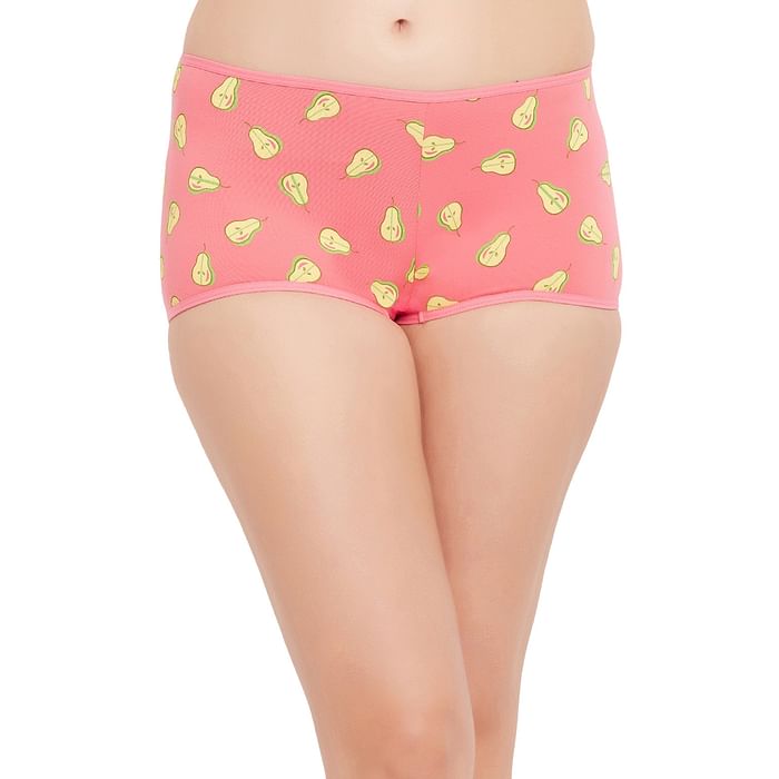 

Clovia Mid Waist Fruit Print Boyshorts in Salmon Pink - Cotton - PN3517P22, Light pink