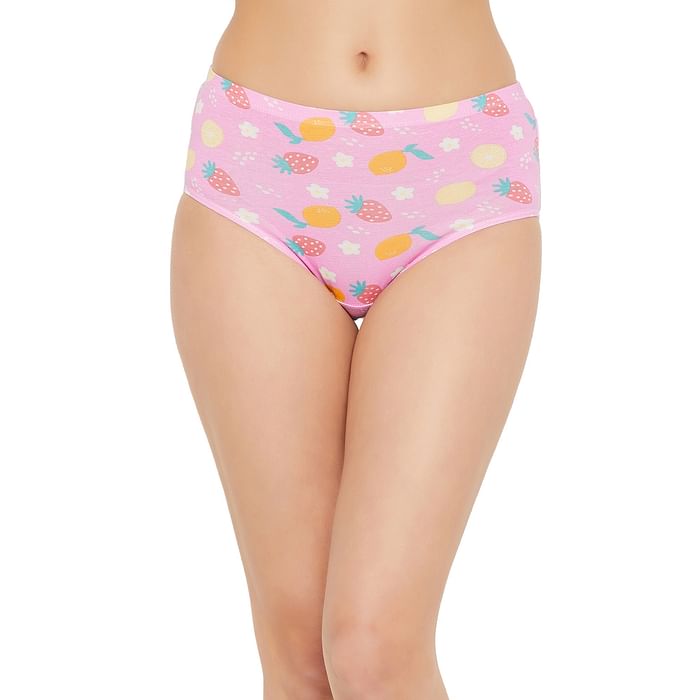 

Clovia Mid Waist Fruit Print Hipster Panty in Baby Pink with Inner Elastic - Cotton - PN2855U22, Light pink