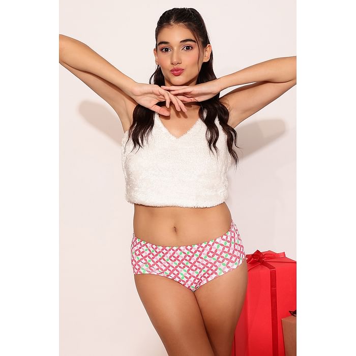 

Clovia Mid Waist Geometric Print Hipster Panty in White with Inner Elastic - Cotton - PN2378J18