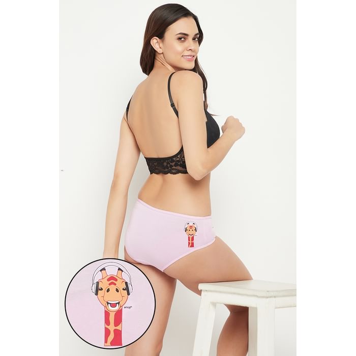 

Clovia Mid Waist Giraffe Emoji Print Hipster Panty in Baby Pink - Cotton - PN3310F22, Light pink