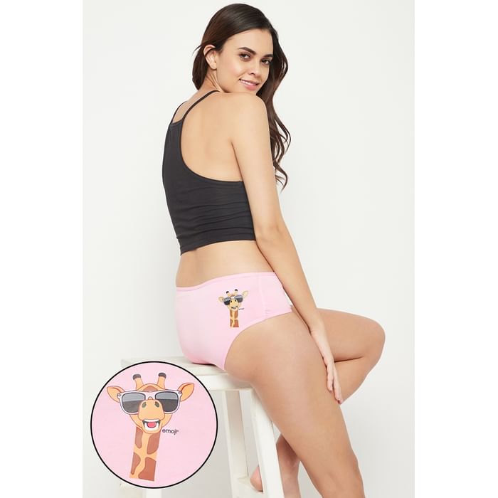 

Clovia Mid Waist Giraffe Emoji Print Hipster Panty in Blush Pink - Cotton - PN3310H22, Light pink