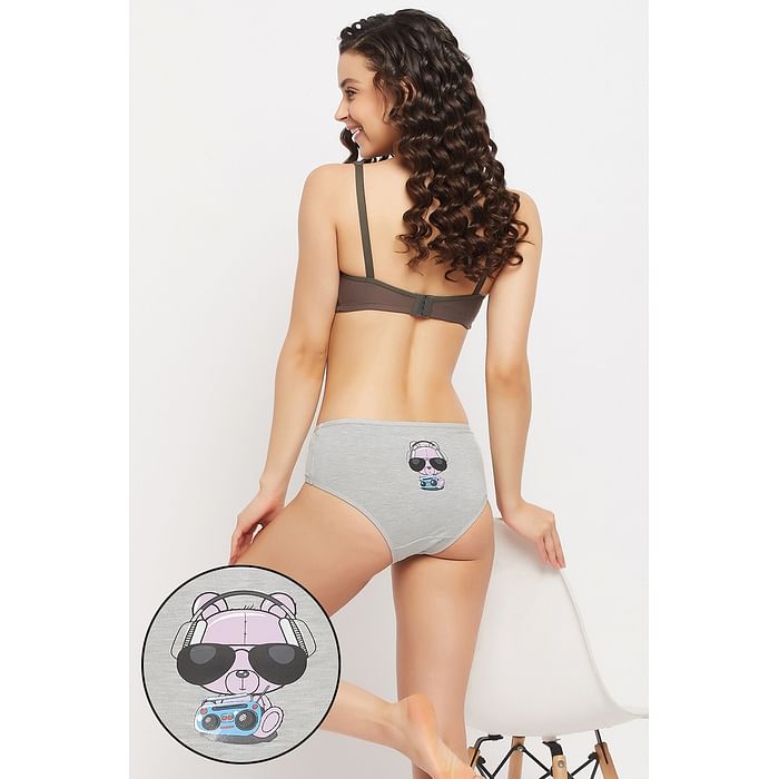 

Clovia Mid Waist Panda Print Hipster Panty in Grey Melange - Cotton - PN3297A01, Light grey