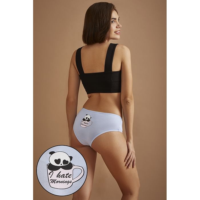 

Clovia Mid Waist Graphic & Text Print Hipster Panty in Baby Blue - Cotton - PN3297C03, Light blue