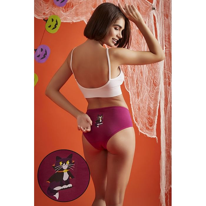 

Clovia Mid Waist Halloween Print Hipster Panty in Magenta - Cotton - PN3110C14, Pink