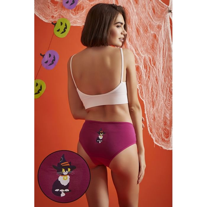 

Clovia Mid Waist Halloween Print Hipster Panty in Magenta - Cotton - PN3110B14, Pink