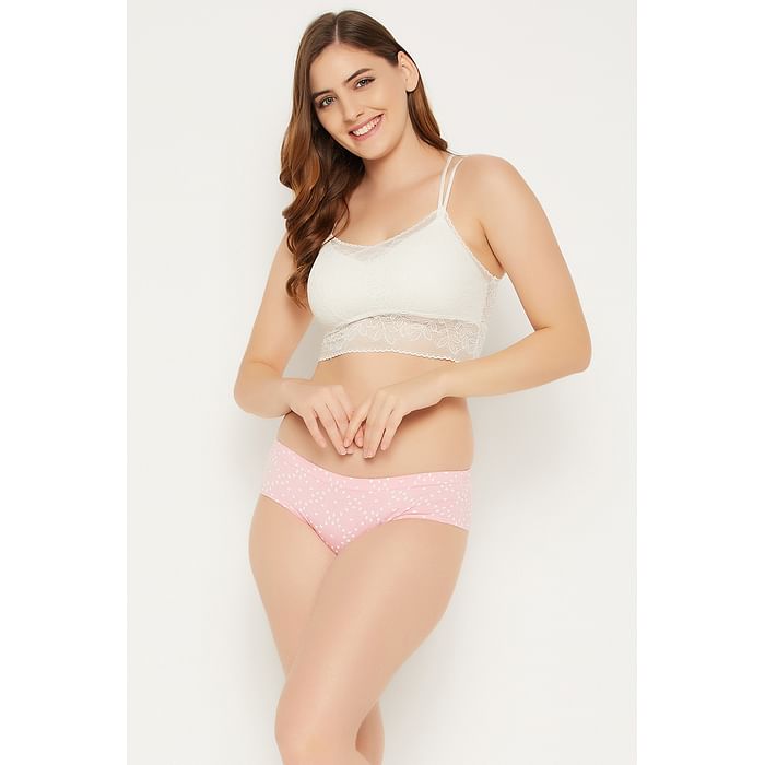 

Clovia Mid Waist Heart Print Hipster Panty in Baby Pink with Inner Elastic - 100% Cotton - PN3227A22, Light pink