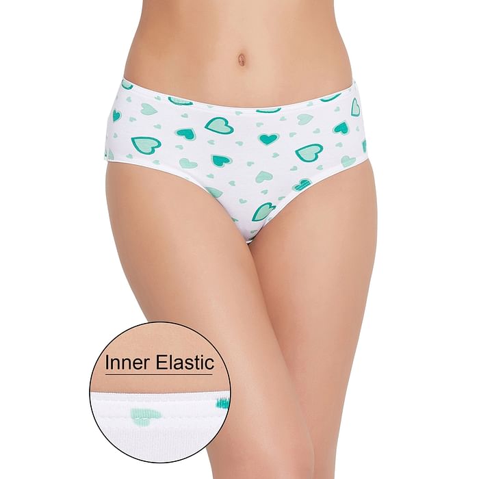 

Clovia Mid Waist Heart Print Hipster Panty in White - Cotton - PN2679G11, Light green