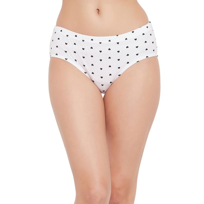 

Clovia Mid Waist Heart Print Hipster Panty in White with Inner Elastic - 100% Cotton - PN2855K18
