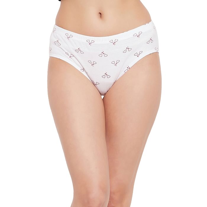 

Clovia Mid Waist Heart Print Hipster Panty in White with Inner Elastic - 100% Cotton - PN2855J18