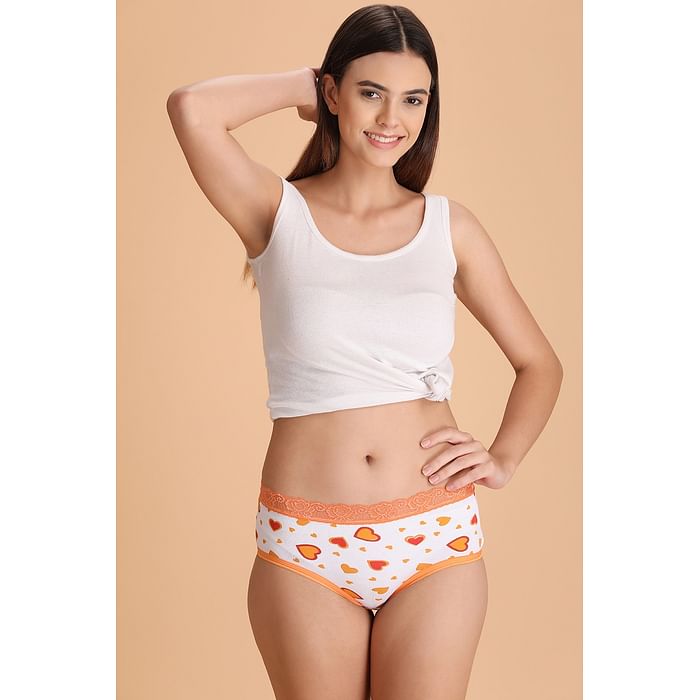 

Clovia Mid Waist Heart Print Hipster Panty in White with Lace Waist - Cotton - PN3260P16, Orange