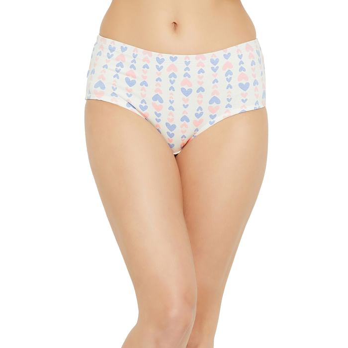 

Clovia Mid Waist Heart Print Hipster Panty with Inner Elastic in White - Cotton - PN2855Z18