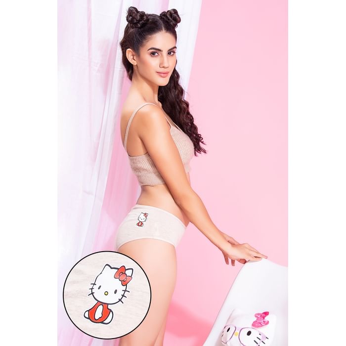 

Clovia Mid Waist Hello Kitty Text & Graphic Print Hipster Panty in Oatmeal Colour - Cotton - PN3310B01, Light grey