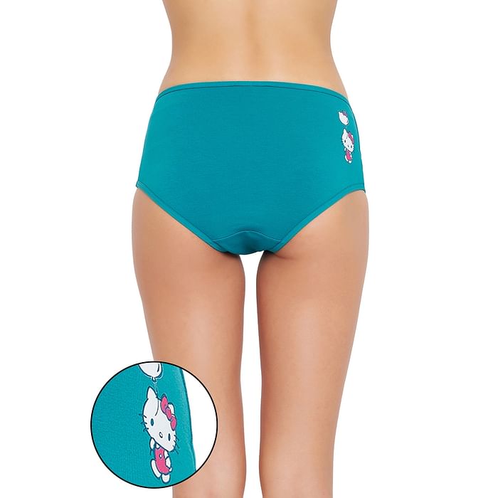 

Clovia Mid Waist Hello Kitty Text & Graphic Print Hipster Panty in Teal Blue - Cotton - PN3110A36