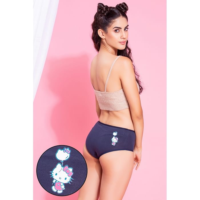 

Clovia Mid Waist Hello Kitty Text & Print Hipster Panty in Navy - Cotton - PN3310L08
