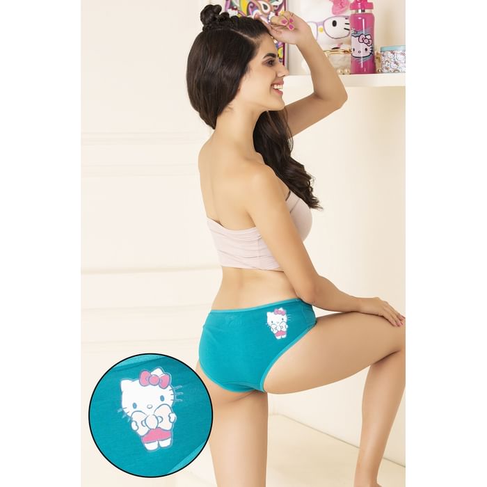 

Clovia Mid Waist Hello Kitty Text & Graphic Print Hipster Panty in Teal Green - Cotton - PN3110A17, Dark green