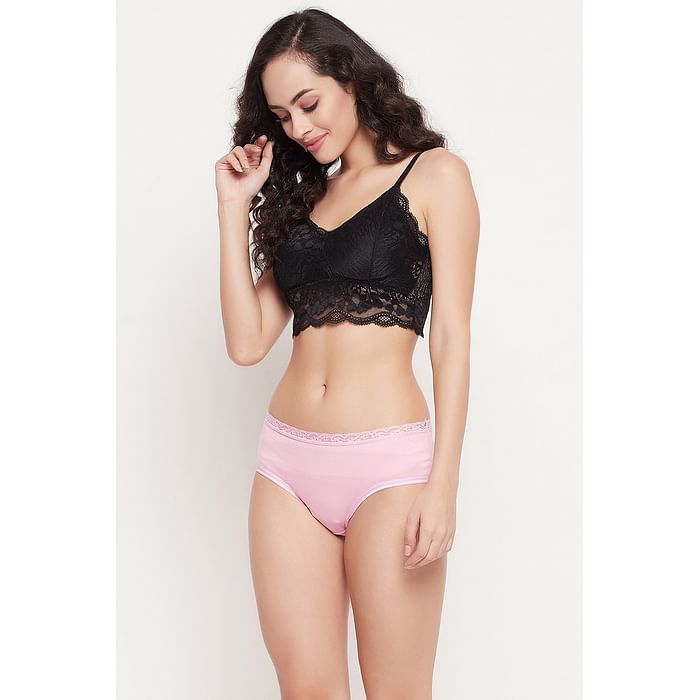 

Clovia Mid Waist Hipster Panty in Baby Pink with Lace Trims - Cotton - PN3504A22, Light pink