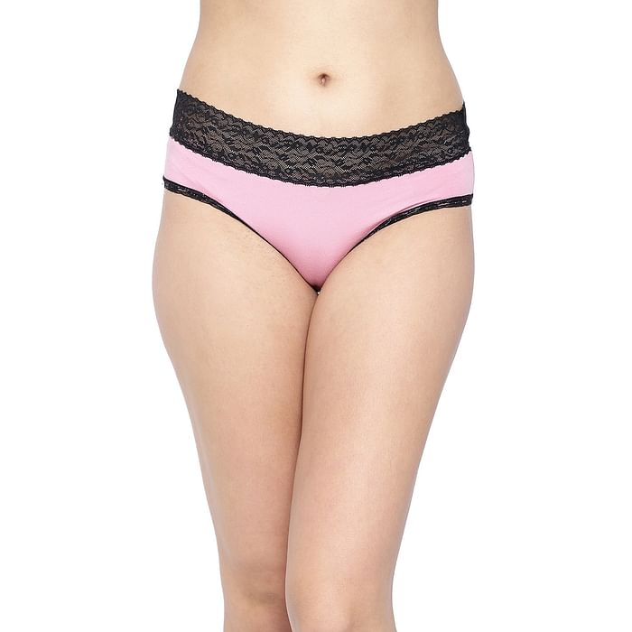 

Clovia Mid Waist Hipster Panty in Baby Pink with Lace Waist - Cotton - PN3463P22, Light pink