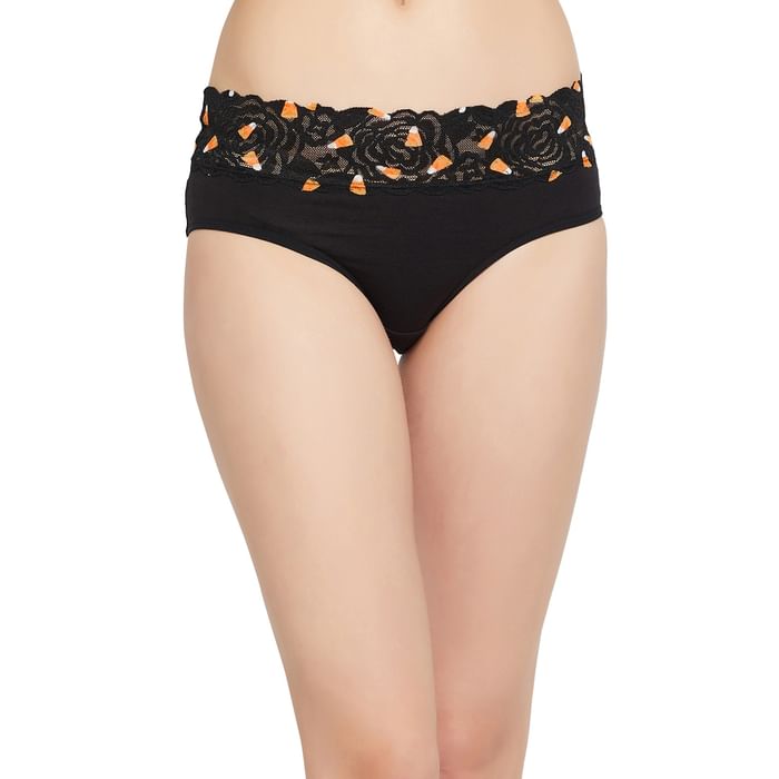 

Clovia Mid Waist Hipster Panty in Black with Printed Lace Waist - Cotton - PN3283B13