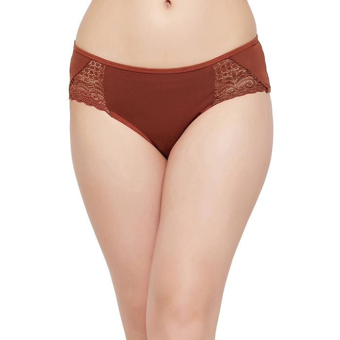

Clovia Mid Waist Hipster Panty in Brown with Lace Inserts - Cotton - PN2705P06