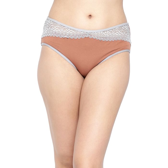 

Clovia Mid Waist Hipster Panty in Brown with Lace Overlay - Cotton - PN2494D06