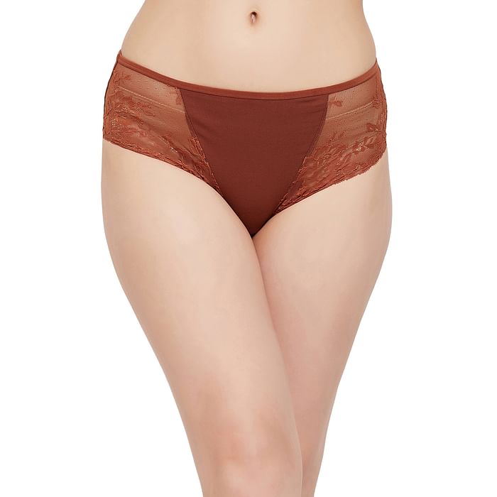 

Clovia Mid Waist Hipster Panty in Brown with Lace Panels - Cotton - PN2587P06