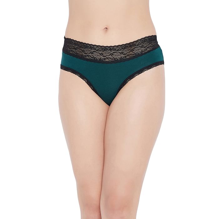 

Clovia Mid Waist Hipster Panty in Dark Green with Lace Waist - Cotton - PN3463P17