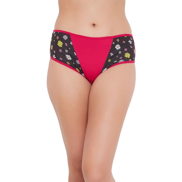 

Clovia Mid Waist Hipster Panty in Dark Pink with Floral Print Panels - Cotton - PN3426X14