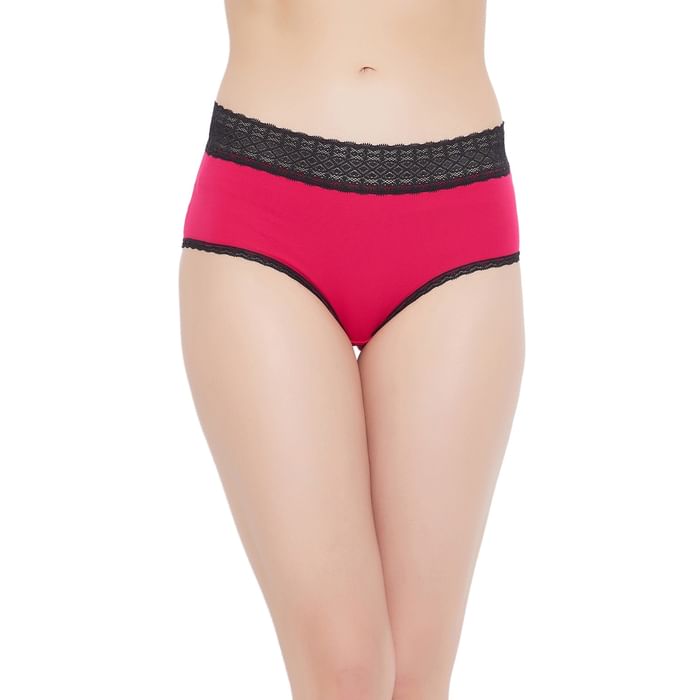 

Clovia Mid Waist Hipster Panty in Dark Pink with Lace Waist - Cotton & Lace - PN3463P14