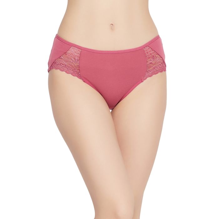 

Clovia Mid Waist Hipster Panty in Dusky Pink with Lace Inserts - Cotton - PN2705M22, Light pink