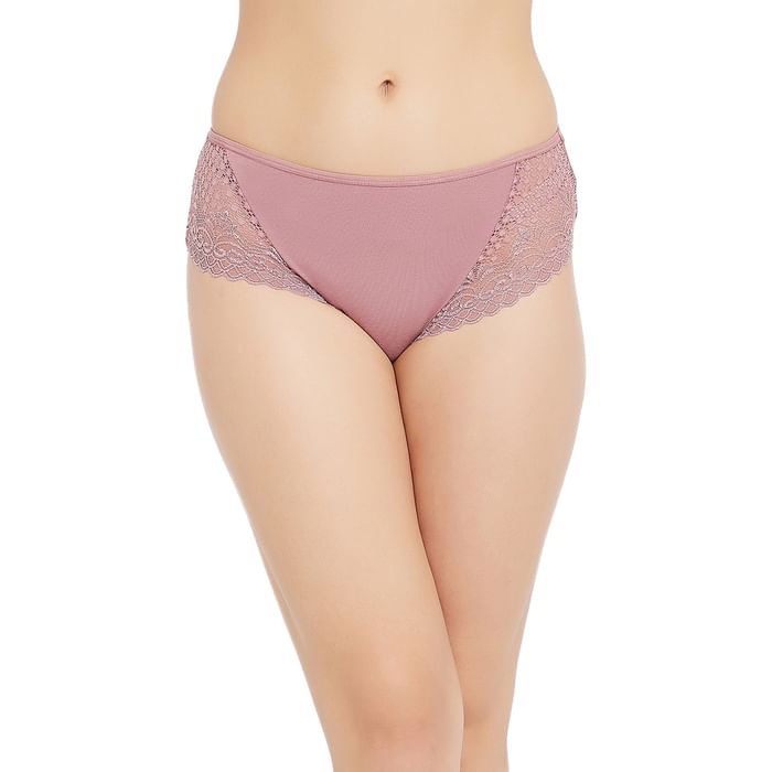 

Clovia Mid Waist Hipster Panty in Dusky Pink with Lace Panels - Cotton - PN2587A22, Light pink