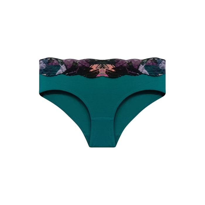 

Clovia Mid Waist Hipster Panty in Forest Green with Printed Lace Waist - Cotton - PN3283A17, Dark green