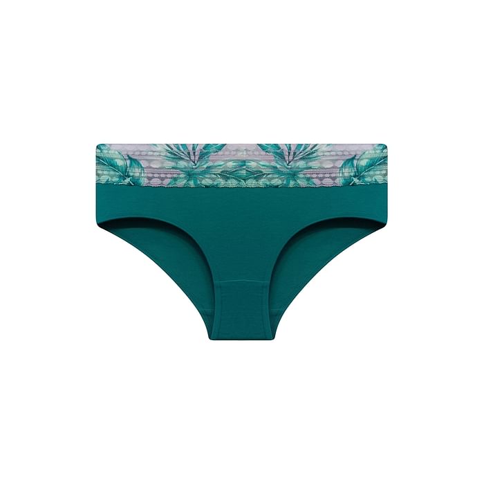 

Clovia Mid Waist Hipster Panty in Forest Green with Printed Lace Waist - Cotton - PN3283B17, Dark green