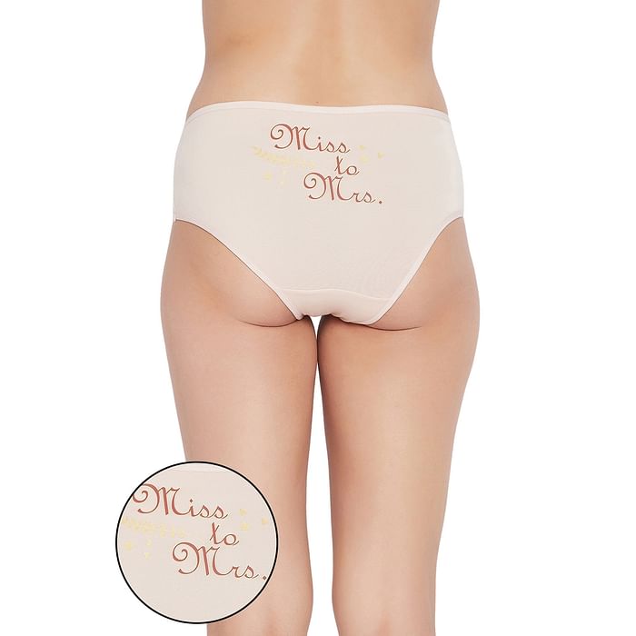 

Clovia Mid Waist Hipster Bridal Panty in Light Pink with Text Print Back - Cotton - PN3297L22