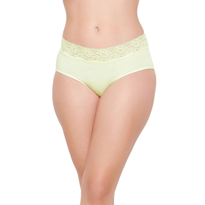 

Clovia Mid Waist Hipster Panty in Lime Yellow with Lace Waist - PN0795A02, Light yellow
