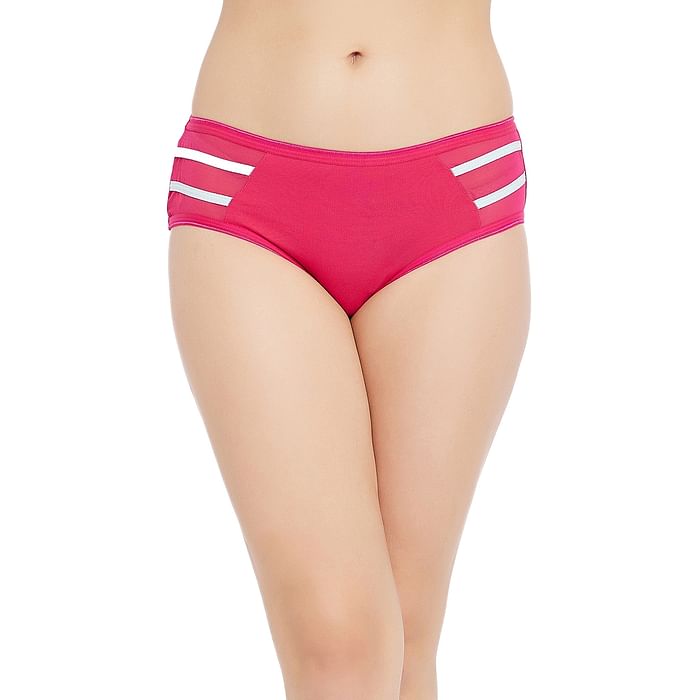 

Clovia Mid Waist Hipster Panty in Magenta with Powernet Panels & Pipings - Cotton - PN2866A14, Pink