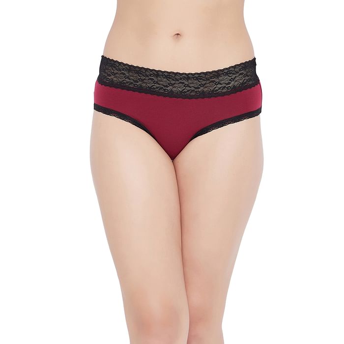 

Clovia Mid Waist Hipster Panty in Maroon with Lace Waist - Cotton - PN3463P09