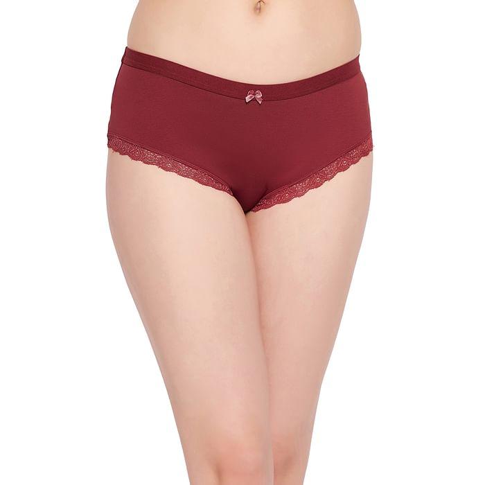 

Clovia Low Waist Hipster Panty in Maroon with Lace Trims - Cotton - PN3542P09