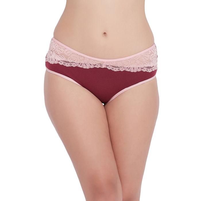 

Clovia Mid Waist Hipster Panty in Maroon with Lace Waist - Cotton - PN2494A09