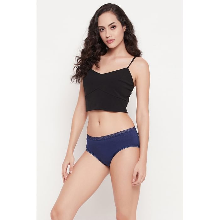 

Clovia Mid Waist Hipster Panty in Navy Blue with Lace Trims - Cotton - PN3504B08