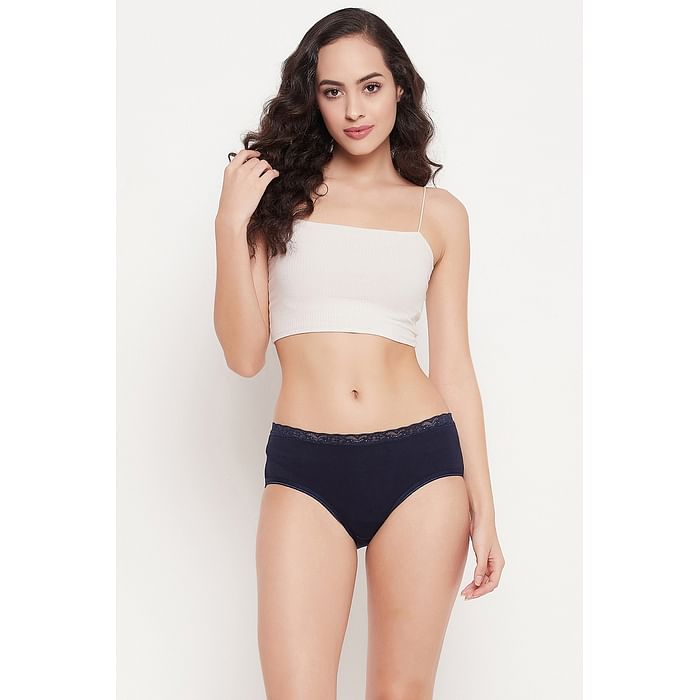 

Clovia Mid Waist Hipster Panty in Navy with Lace Waist - Cotton - PN3504A08