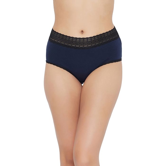 

Clovia Mid Waist Hipster Panty in Navy with Lace Waist - Cotton & Lace - PN3463P08