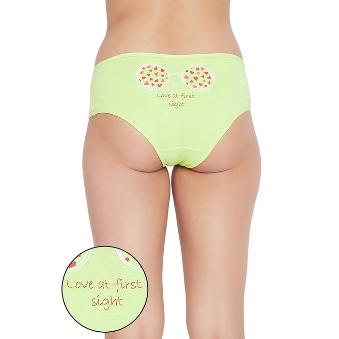 

Clovia Mid Waist Hipster Panty in Neon Green with Text Print Back - Cotton - PN3297L11, Light green