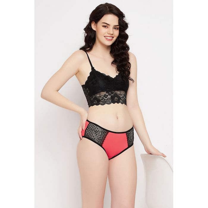 

Clovia Mid Waist Hipster Panty in Neon Orange with Lace Panels - PN3511A16