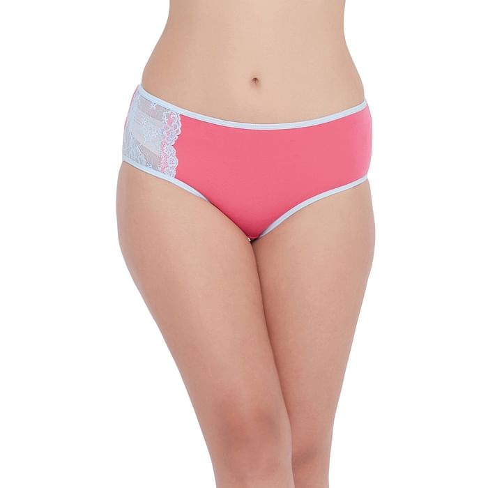 

Clovia Mid Waist Hipster Panty in Pink with Lace Insert - Cotton - PN3359A14