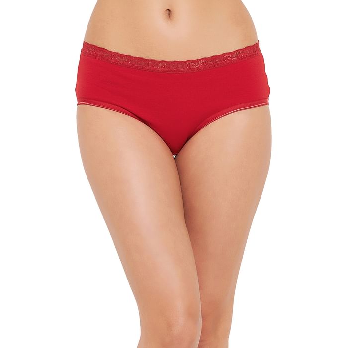 

Clovia Mid Waist Hipster Panty in Red with Lace Trims - Cotton - PN3504A04