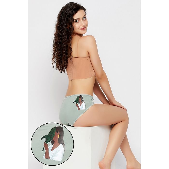 

Clovia Mid Waist Bull Print Hipster Panty in Sage Green - Cotton - PN3110B11, Light green