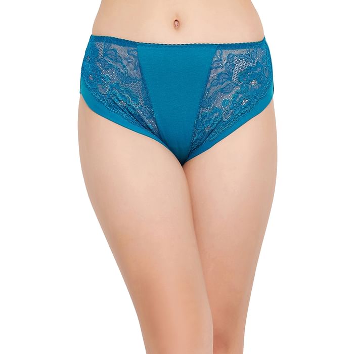 

Clovia Mid Waist Hipster Panty in Teal Blue with Lace Panels - Cotton - PN3541P03